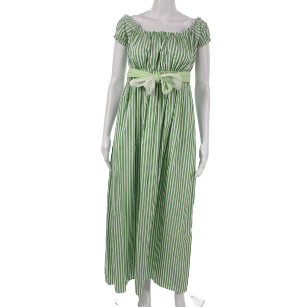 Petersyn Women Maxi Dress Green Off Shoulder Striped Cotton Short Sleeve Size S